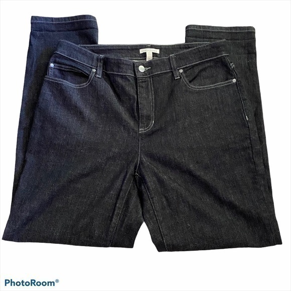 Eileen Fisher Black Denim Straight Leg Organic Cotton Boyfriend Jean SZ 10